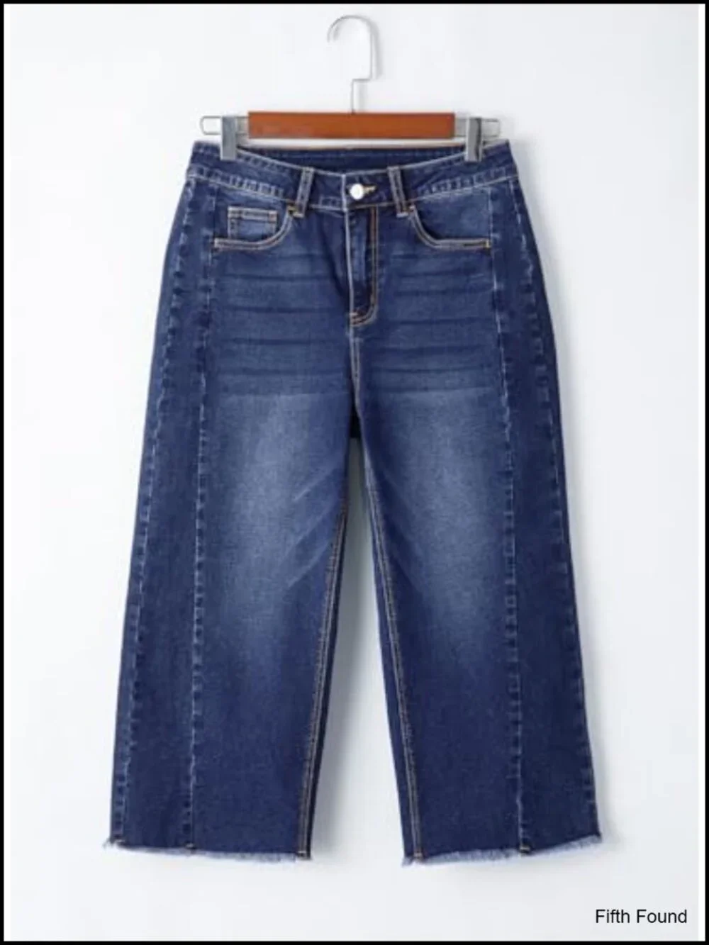 High Waisted Wide Leg Capri Jeans with Raw Hem Side Seam Denim